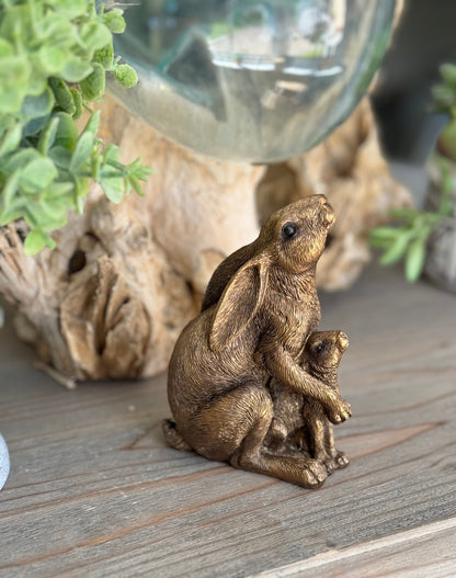 Bronzed Ornamental Sitting Hare and Baby