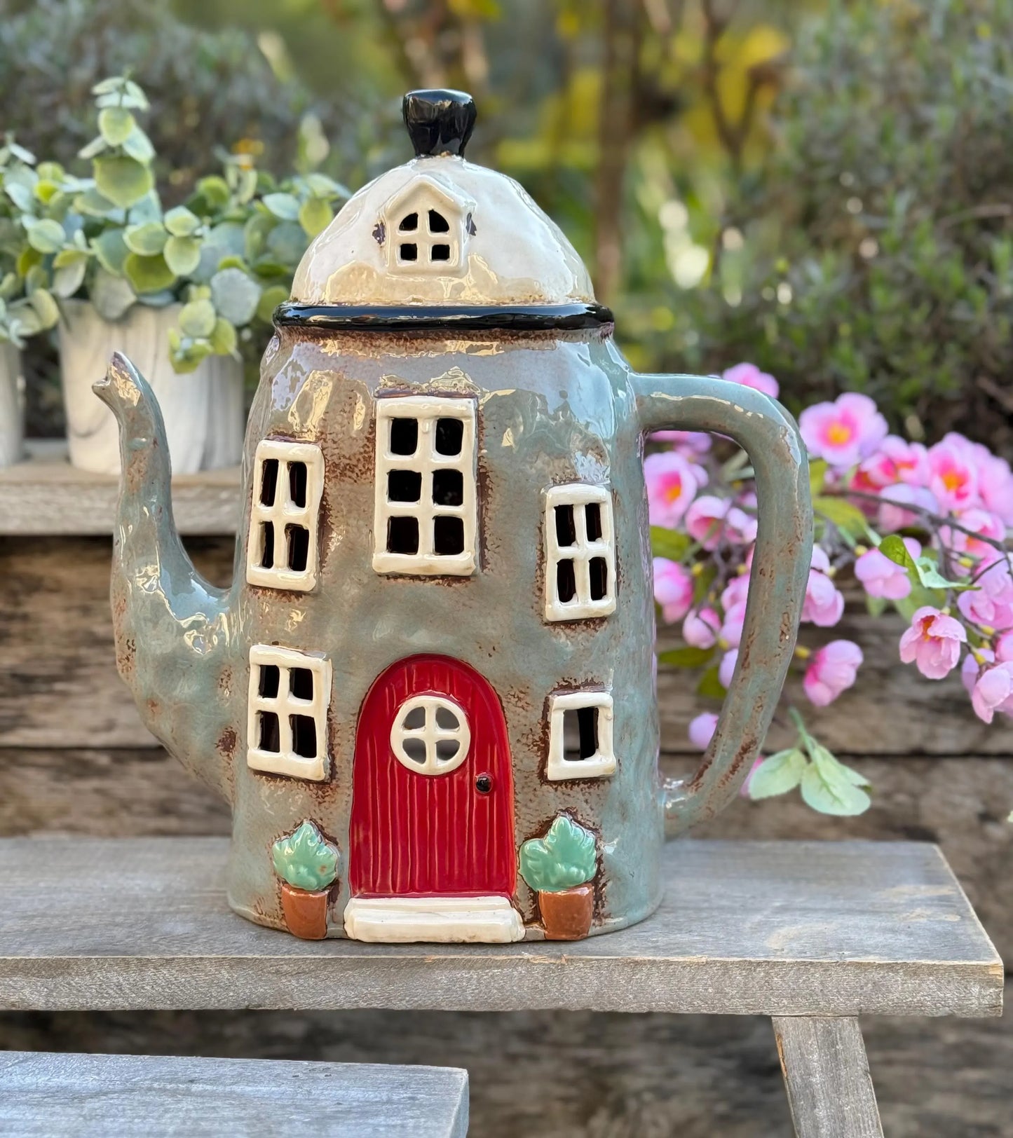 Large Grey Teapot Tealight/Candle Holder/LED Lights