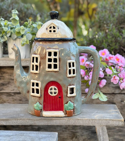 Large Grey Teapot Tealight/Candle Holder/LED Lights