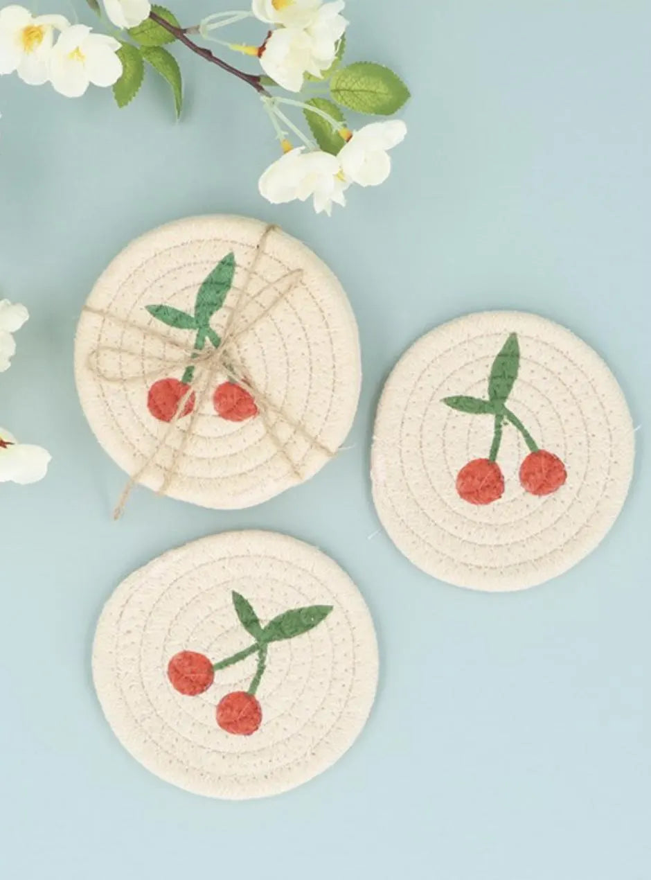 Fabric Round Coaster with Cherries - pack of 4