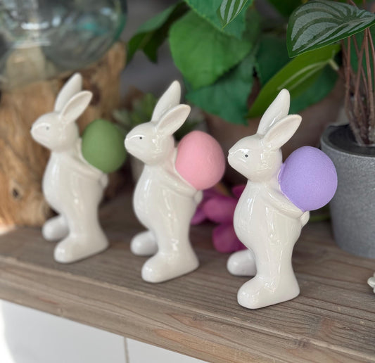 Ceramic White Bunny/Rabbit with Painted Egg - Available in 3 colours