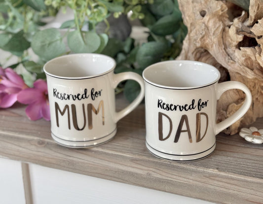 Sass and Belle White Mum / Dad Porcelain Mugs.