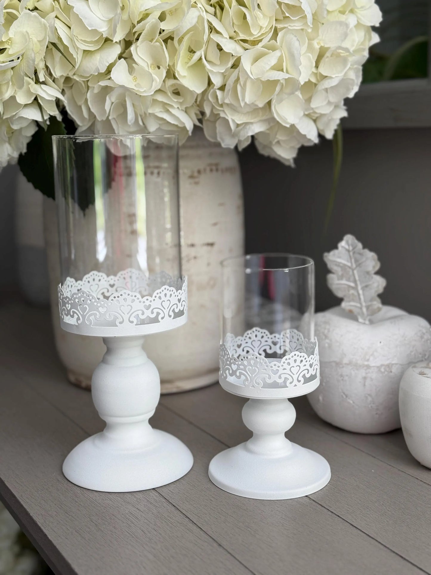 Hand Painted White Metal Candlestick/Lantern/Hurricane
