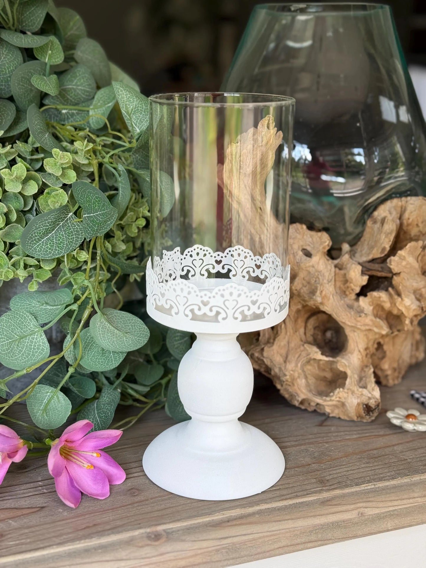 Hand Painted White Metal Candlestick/Lantern/Hurricane
