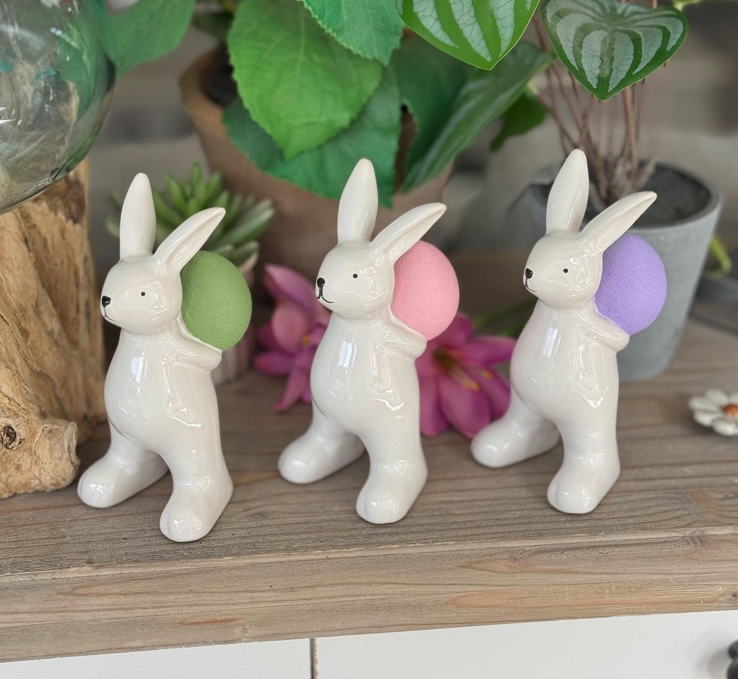 Ceramic White Bunny/Rabbit with Painted Egg - Available in 3 colours