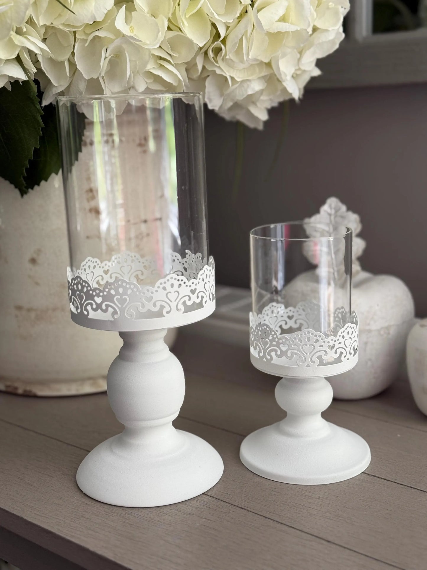 Hand Painted White Metal Candlestick/Lantern/Hurricane