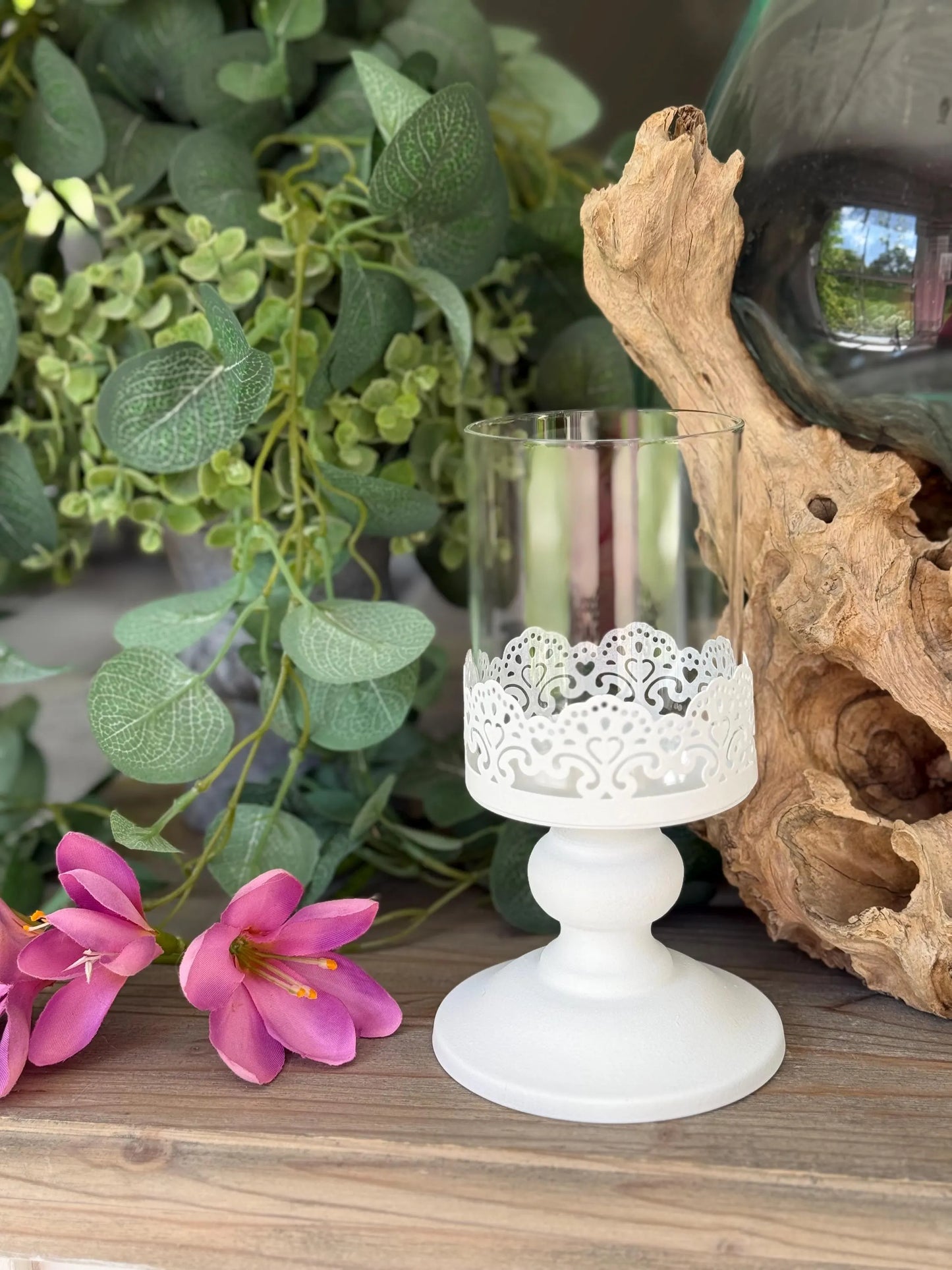 Hand Painted White Metal Candlestick/Lantern/Hurricane