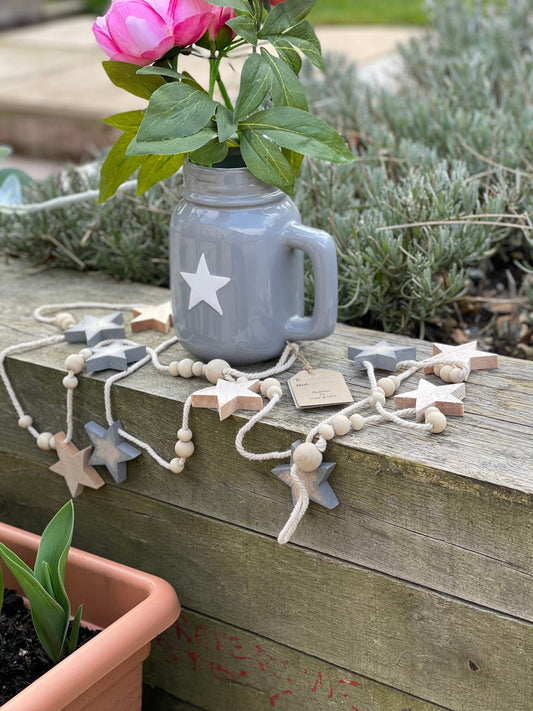 East of India bead & star bunting - Natural and grey.  2 metres