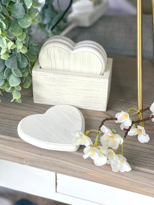 Wooden Ivory Heart Coasters - Set of 4