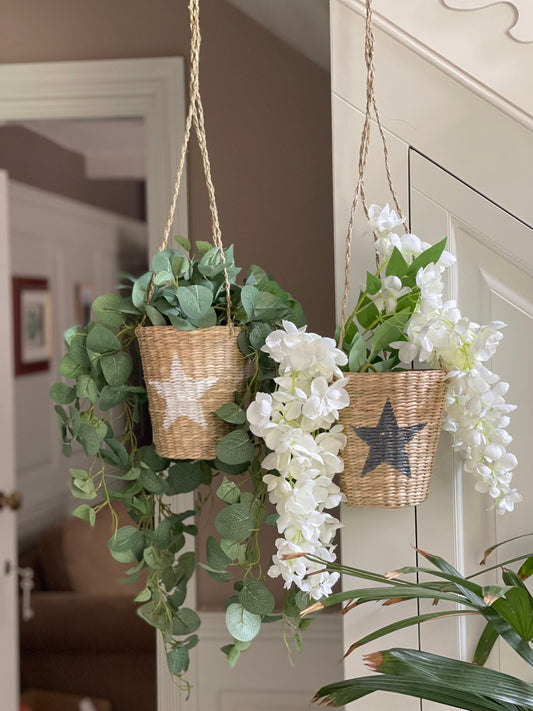 Hanging Seagrass Woven Tall Basket: White or Grey Star Option