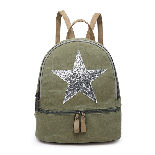 Khaki Canvas Rucksack/Backpack with Silver Star