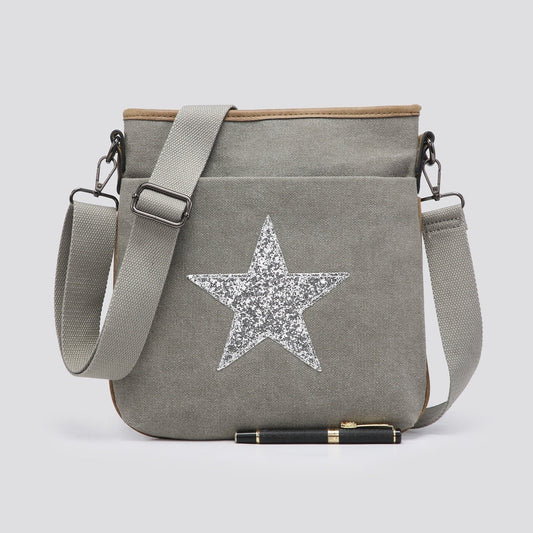 Pale Grey Flat Star Cross Body Messenger Bag