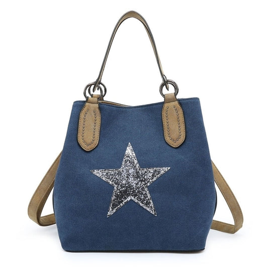 Canvas Sequin Star Handbag - Navy