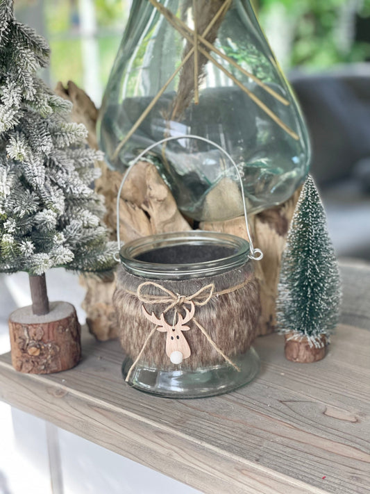 Large Fur Reindeer Glass Lantern/ Candle Holder