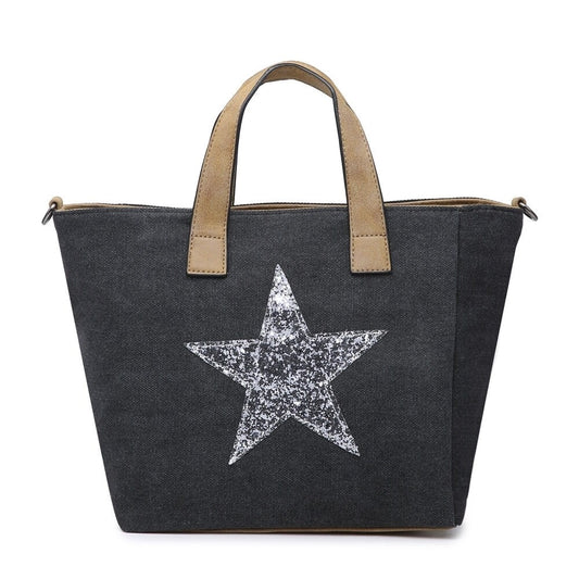 Black Canvas Handbag with Silver Star