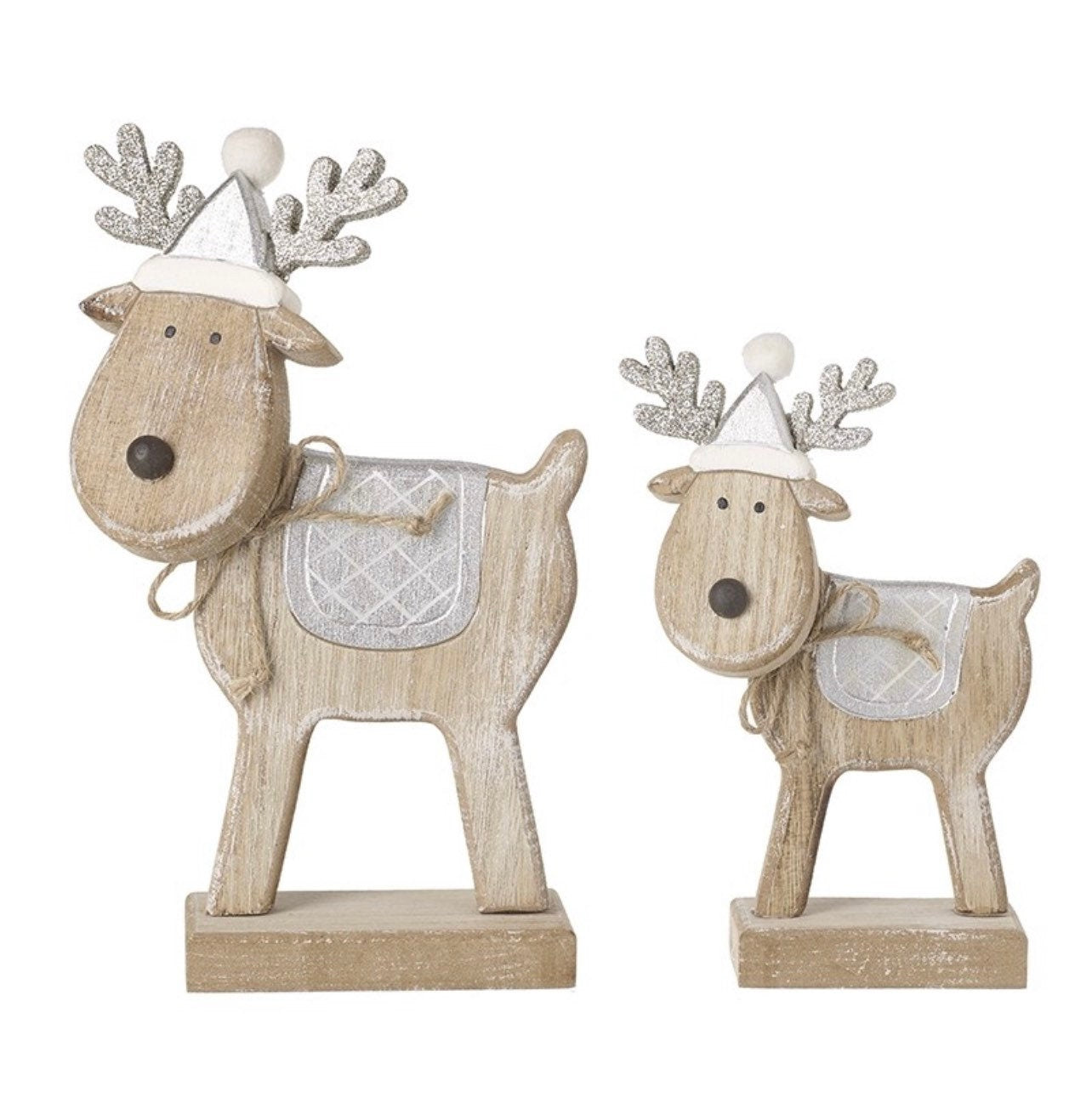 Wood & Silver Reindeer In Hats - set of two