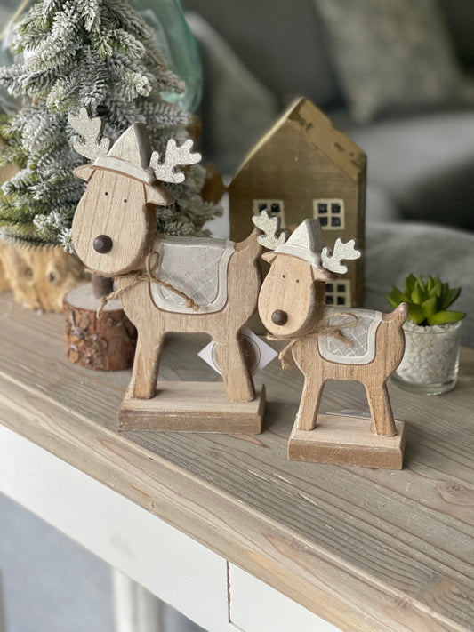 Wood & Silver Reindeer In Hats - set of two