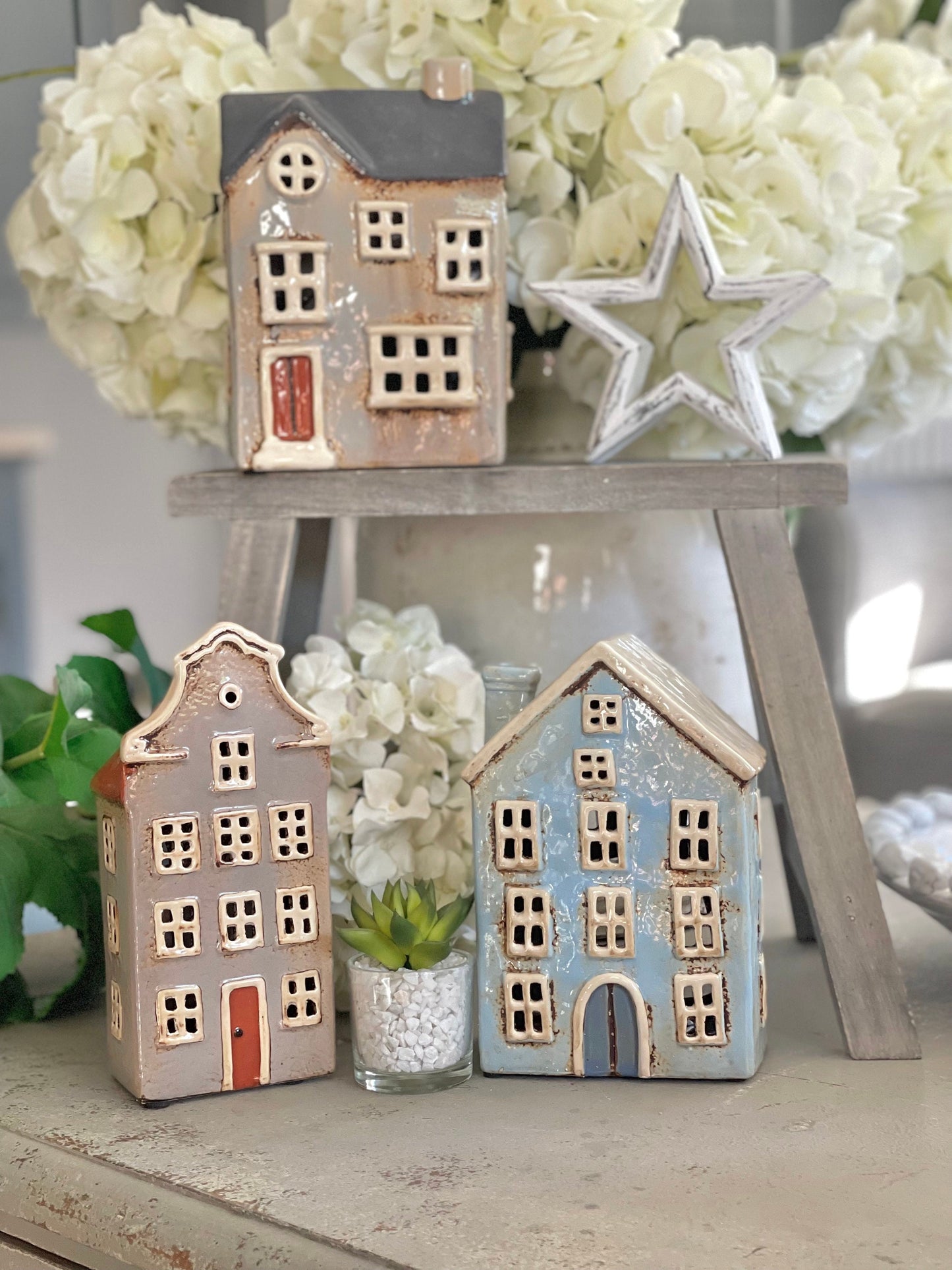 Ceramic Light Blue House Lantern/Candle Holder