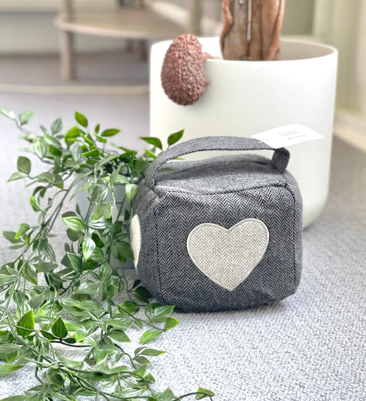 Grey Heart Door Stop - Grey Herringbone