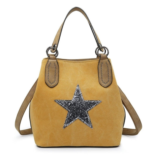 Canvas Sequin Star Handbag - Mustard Yellow