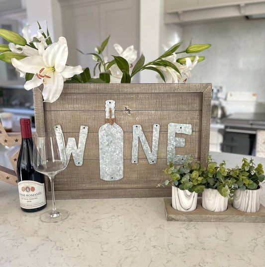 Wood Wine Sign Decor with Galvanized Wine Lettering