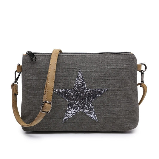 Grey Flat Star Canvas Clutch/Crossbody with Strap