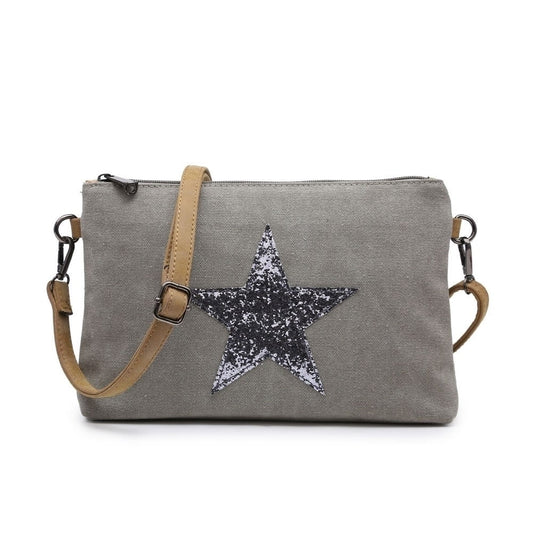 Pale Grey with Silver Flat Star Canvas Clutch/Crossbody with Strap