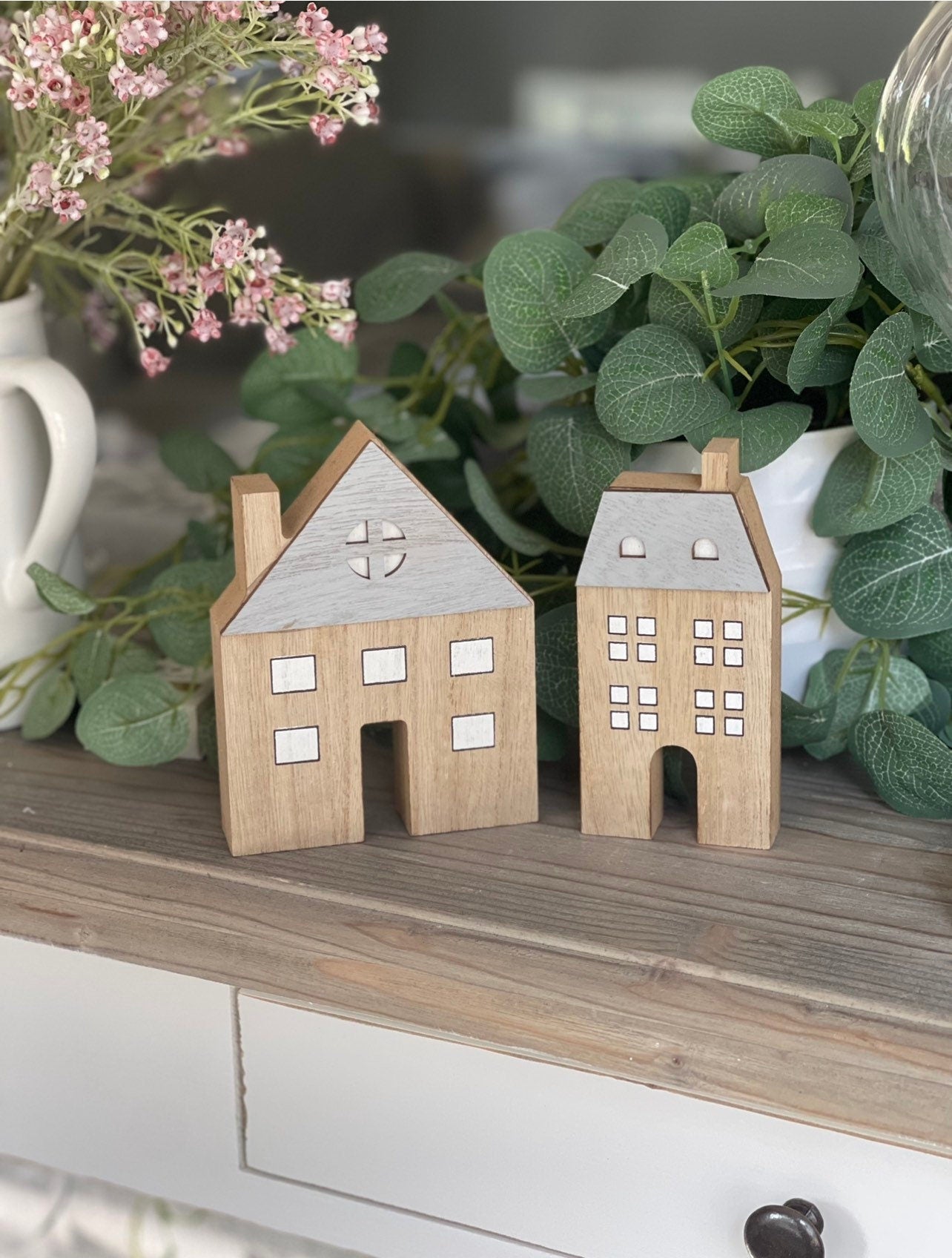 Grey Roof Wooden Houses Set of 2