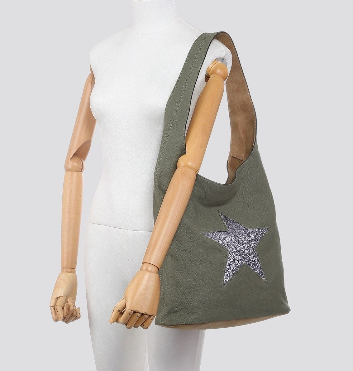 Khaki Tote/Shoulder Bag with Encrusted Star