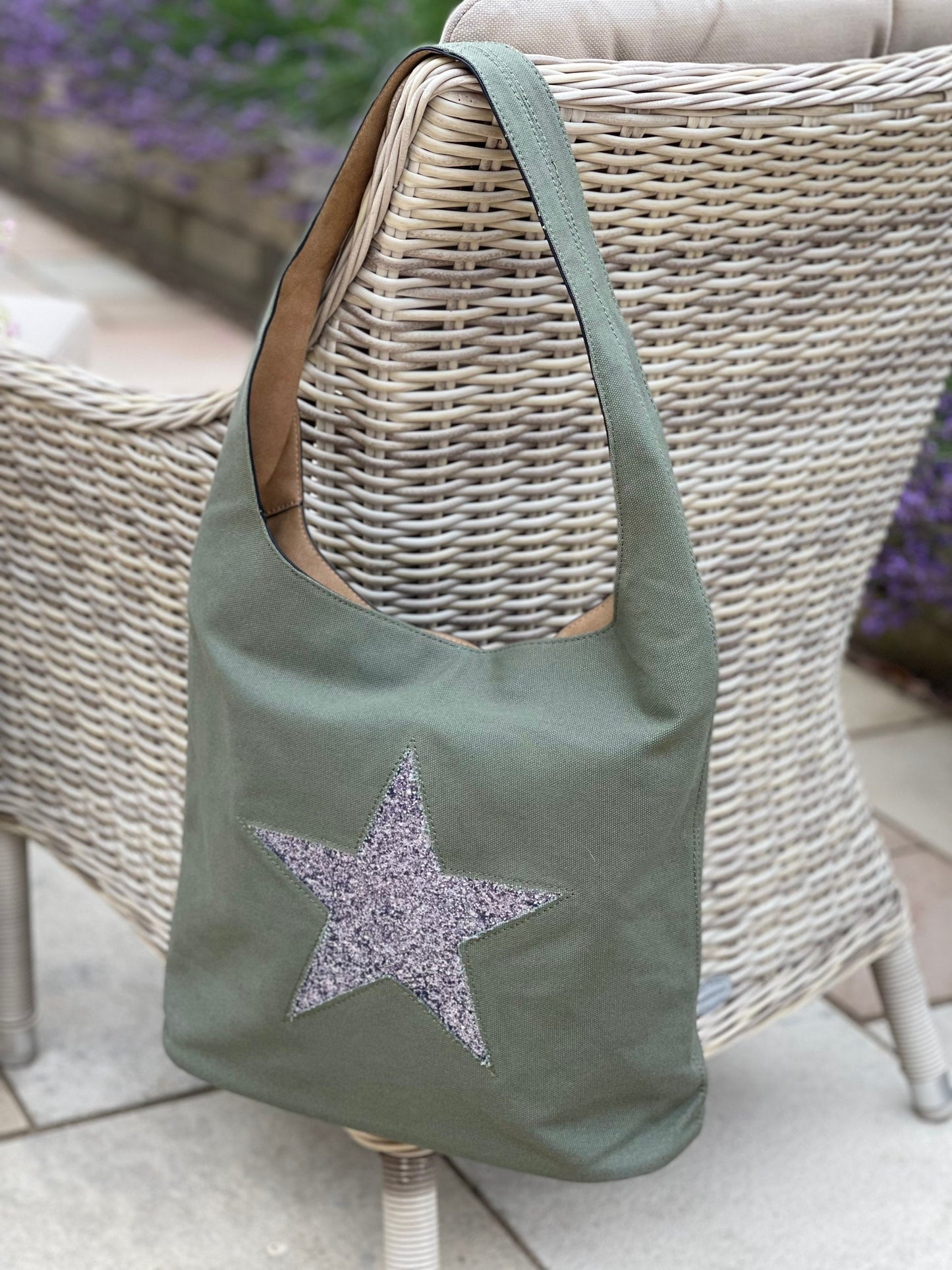 Khaki Tote/Shoulder Bag with Encrusted Star