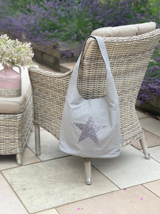 Pale Grey Tote/Shoulder Bag with Encrusted Star