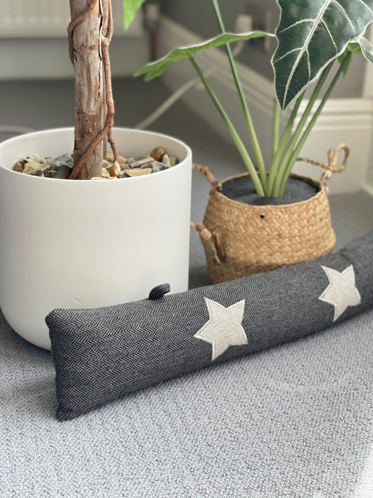 Grey Herringbone Draught Excluder - White Stars