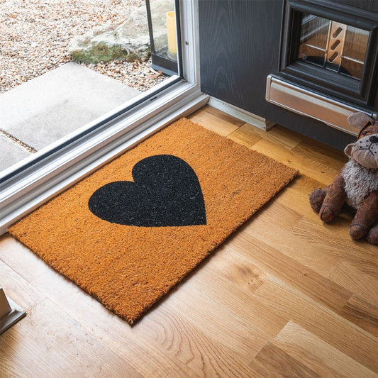 Black Heart Non-Slip Coir Door Mat - 60 x 40cm