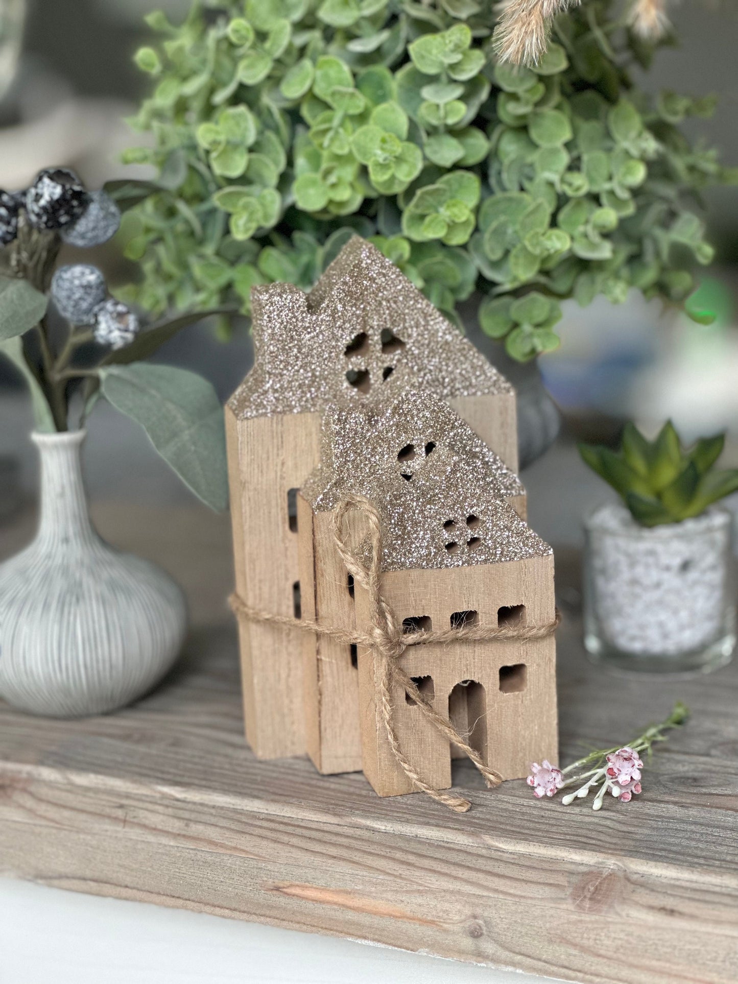 Set of 3 Wooden Gold Glittery Houses