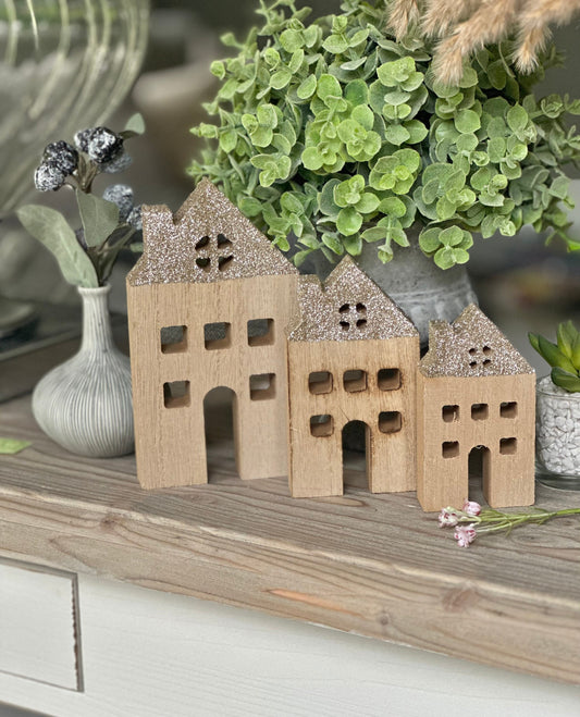 Set of 3 Wooden Gold Glittery Houses