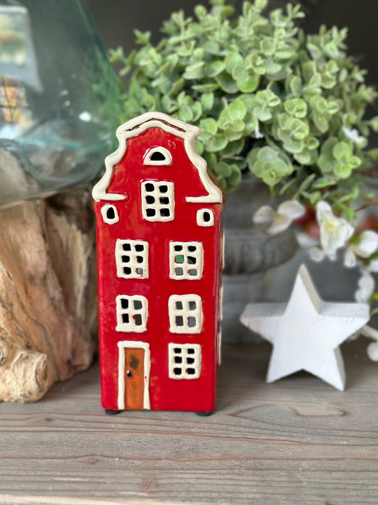 Red Ceramic House /Cottage Candle Holder