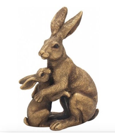 Bronzed Ornamental Sitting Hare and Baby