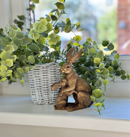 Bronzed Ornamental Sitting Hare and Baby