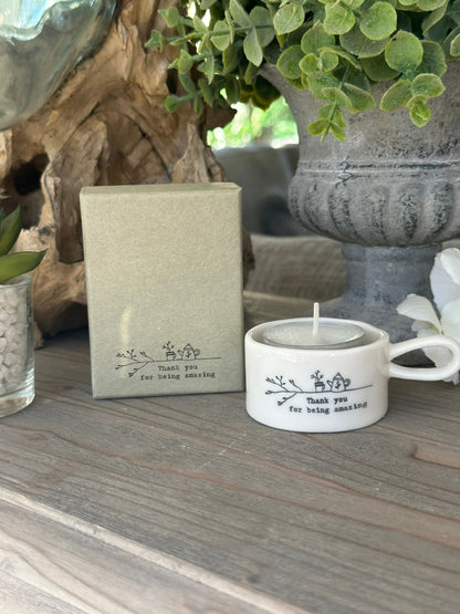 East of India Handled tea light holder - "Thank you"