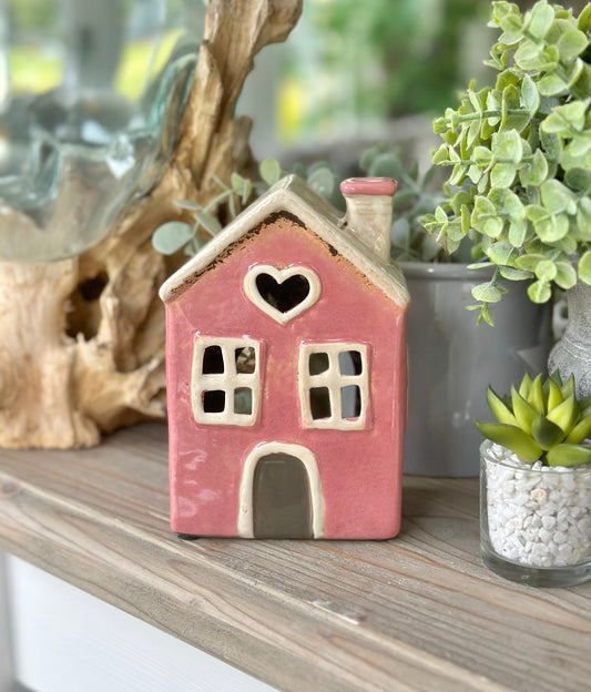 Pink Ceramic House /Cottage Candle Holder