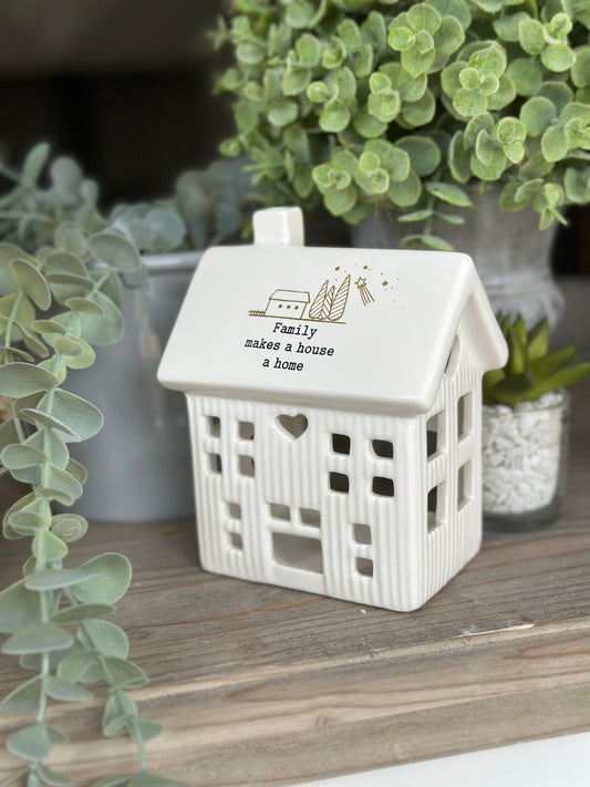 White Ceramic Tea Light House - Family makes a house a home