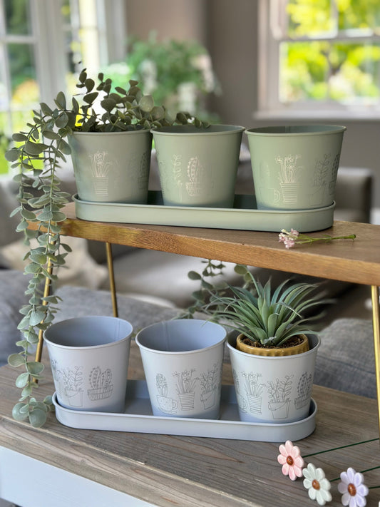 Set of 3 Printed Iron Pots with Tray