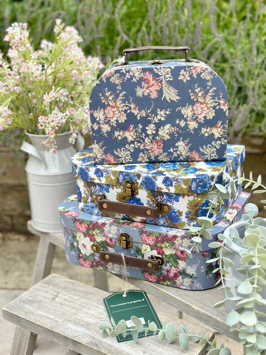 Delphine Blue Vintage Rose Suitcases - Set Of 3