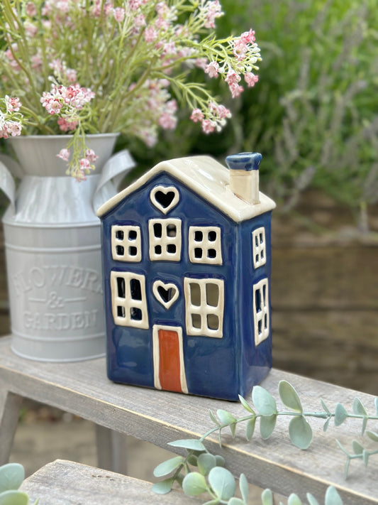 Navy Blue Traditional Village House Candle Holder