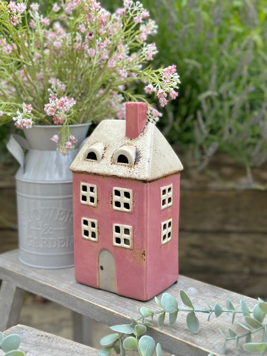 Pink Traditional Village House Candle Holder