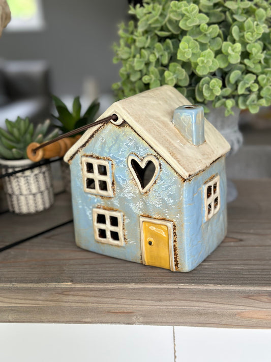 Pale Blue Ceramic House/Cottage Candle Holder with Handle