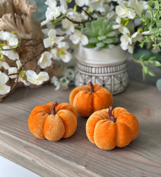 Orange Velvet Pumpkins - Pack of 3