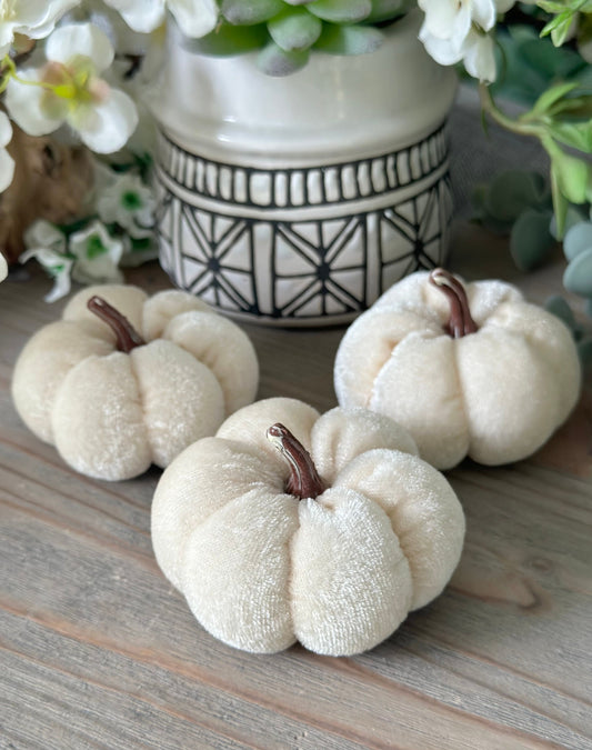 A charming set of 3 Ivory velvet pumpkins