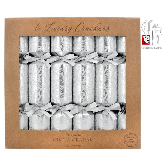 Box of 6 Luxury Christmas Crackers - Silver Embossed Christmas Leaves