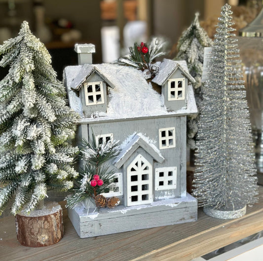 Large Grey LED Wooden Festive House